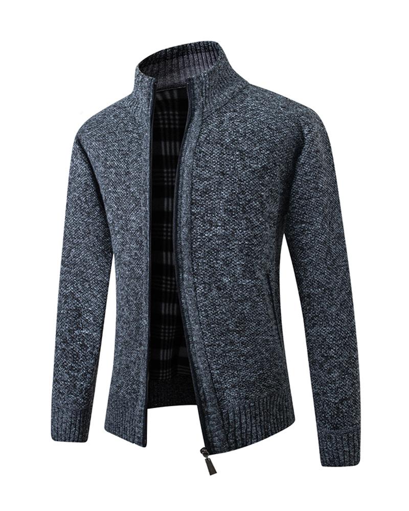 

Men Zipper Design Knit Long Sleeve Coat, Dark grey
