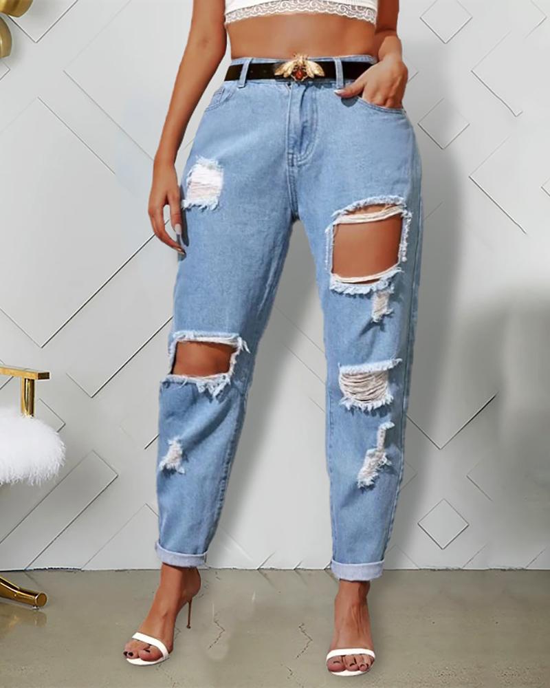 

Cutout Ripped Casual Jeans, Blue