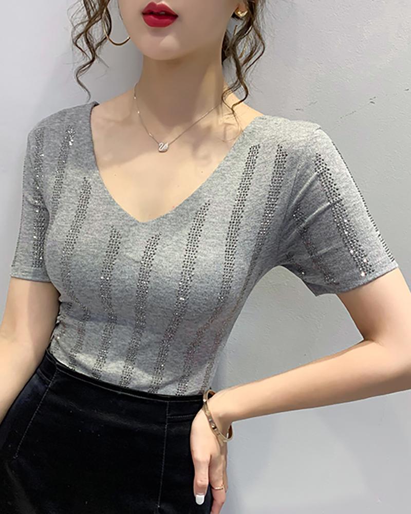 

Double V-neck Studded Blouse, Gray