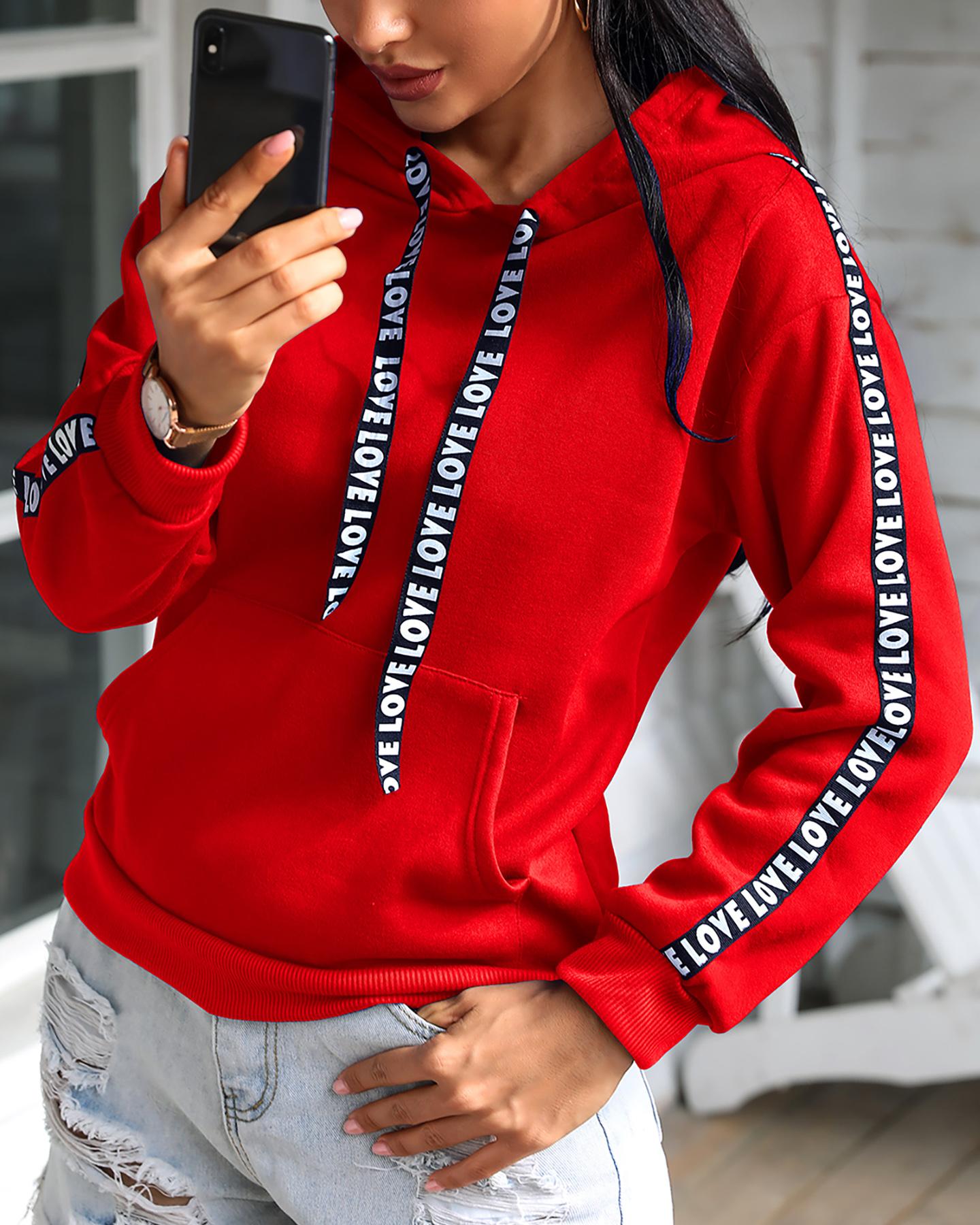 

Letter Print Pocket Design Hooded Top, Red