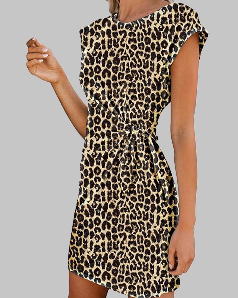 

Tie Dye Print Skinny Waist Short Sleeve Mini Women Dress, Leopard