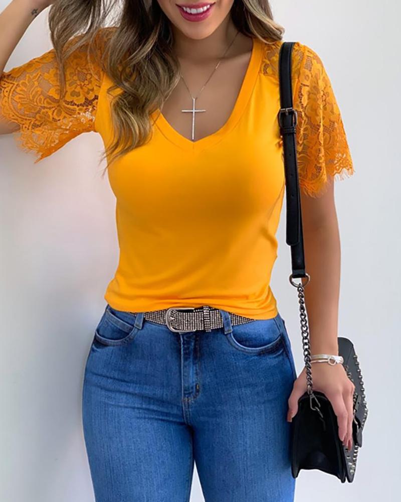 

Eyelash Lace V-neck Short Sleeve T-shirt, Yellow