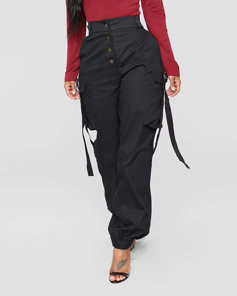 

Buttoned Pockets Design High Waist Cargo Pants, Black