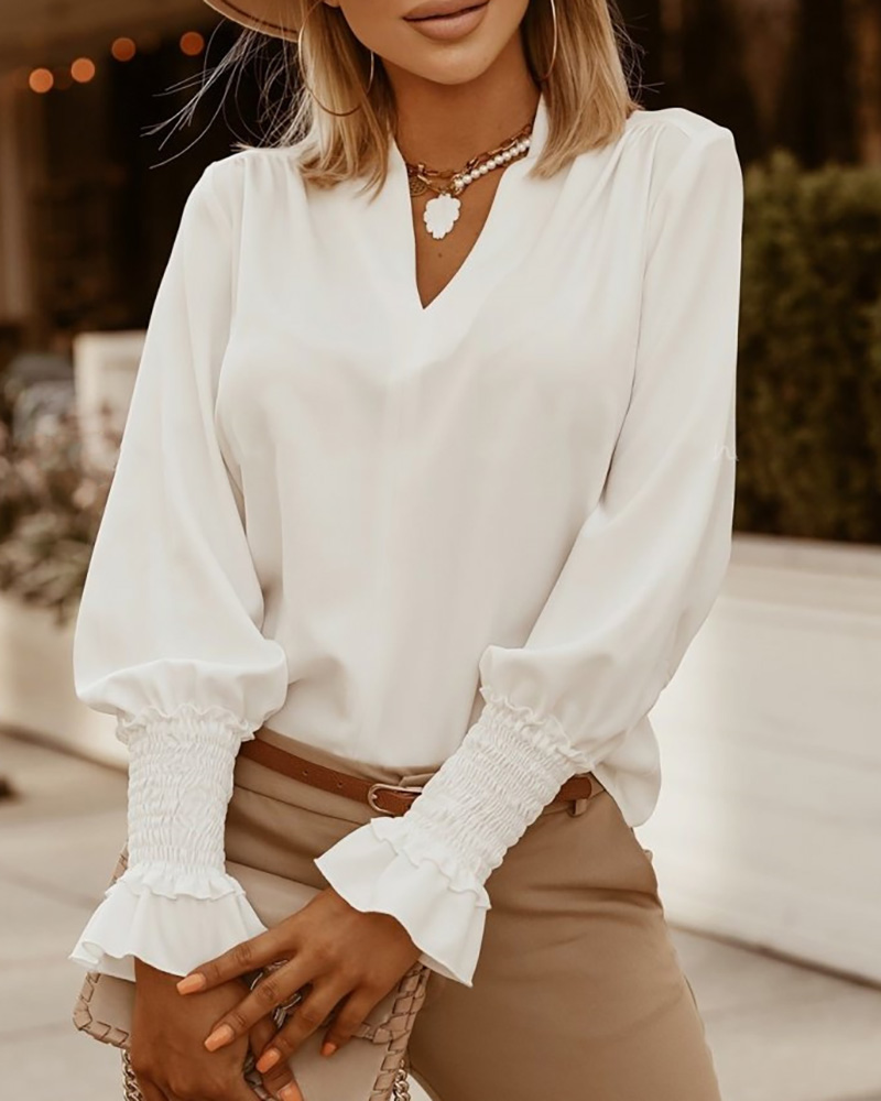 

Solid Lantern Sleeve Ruched Casual Blouse, White