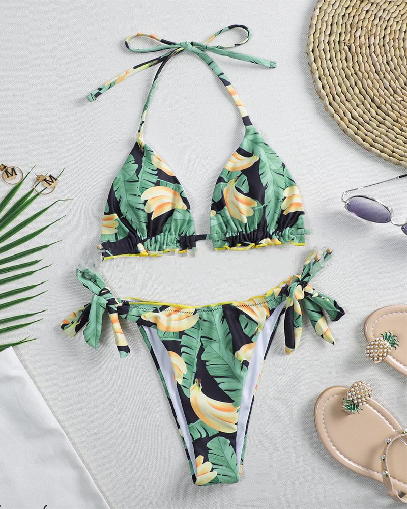 

All Over Print Halter Sleeveless 2-Piece Bikini Sets, Green