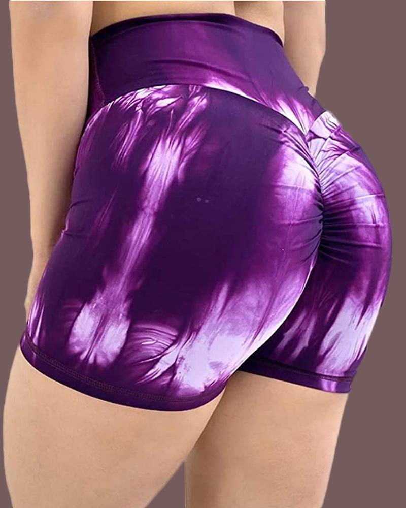 

Tie Dye Print Wide Waistband Ruched Sporty Shorts, Purple
