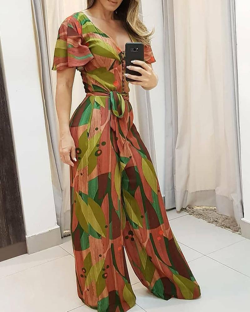 

Colorblock Short Sleeve V Neck Jumpsuit, Multicolor