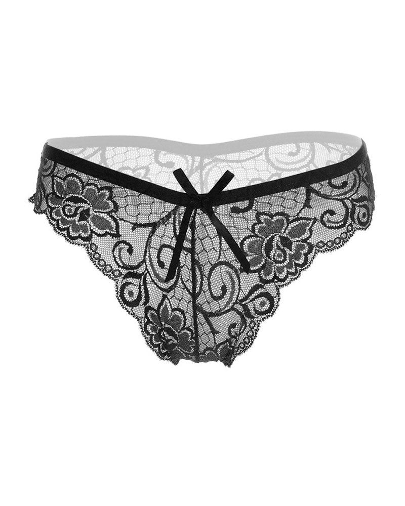 

Bowknot Scallop Trim Floral Lace Panty, Black