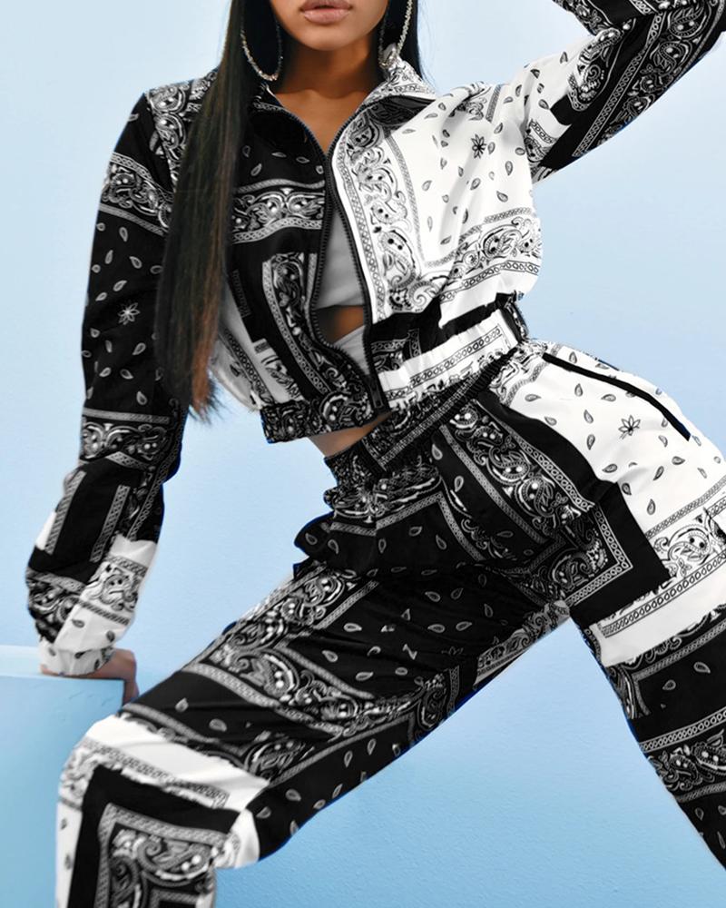 

Paisley Print Zipper Design Coat & High Waist Pants Set, Black