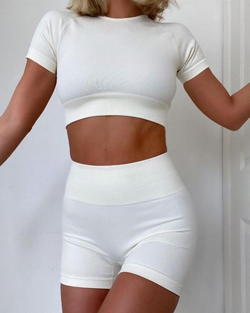 

Solid Short Sleeve Sporty Top & Short Set, White