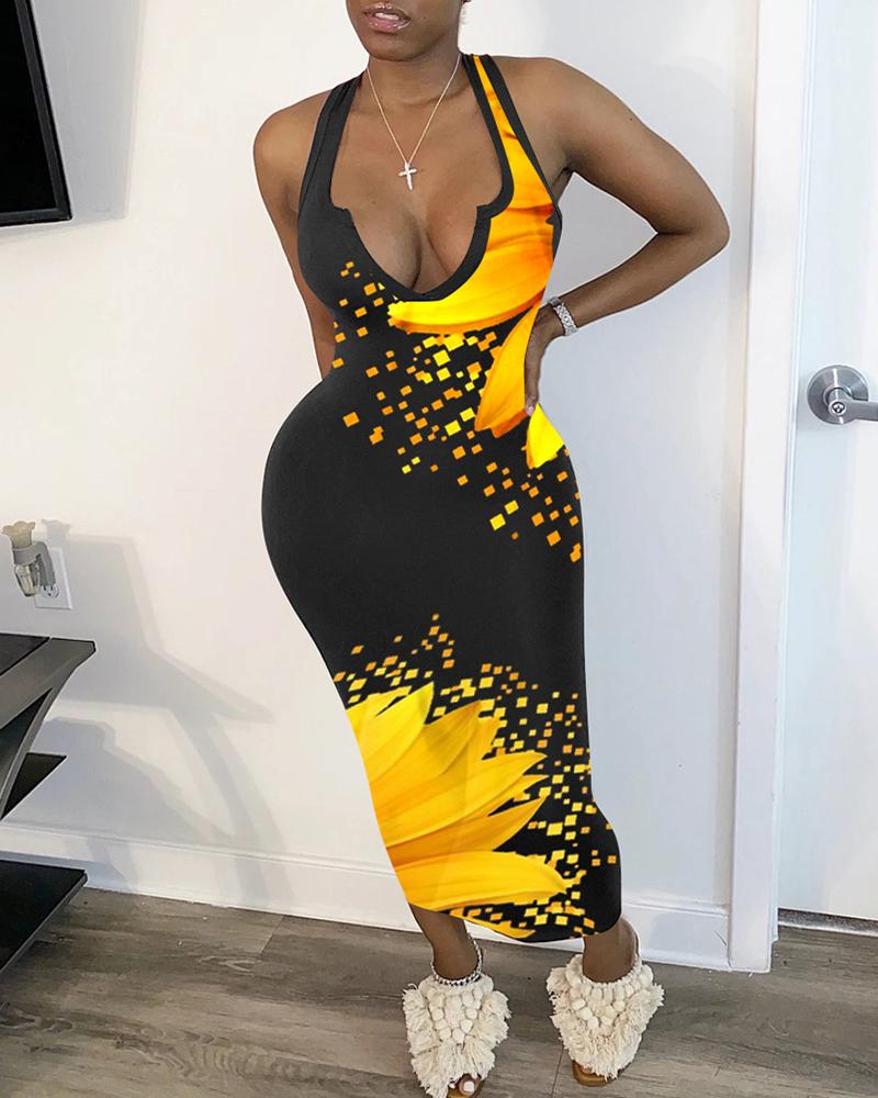 

Contrast Binding Blooming Floral Print Dress, Yellow