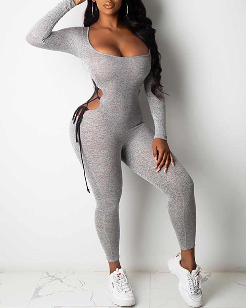 

Cutout Lace Up Long Sleeve Jumpsuit, Gray