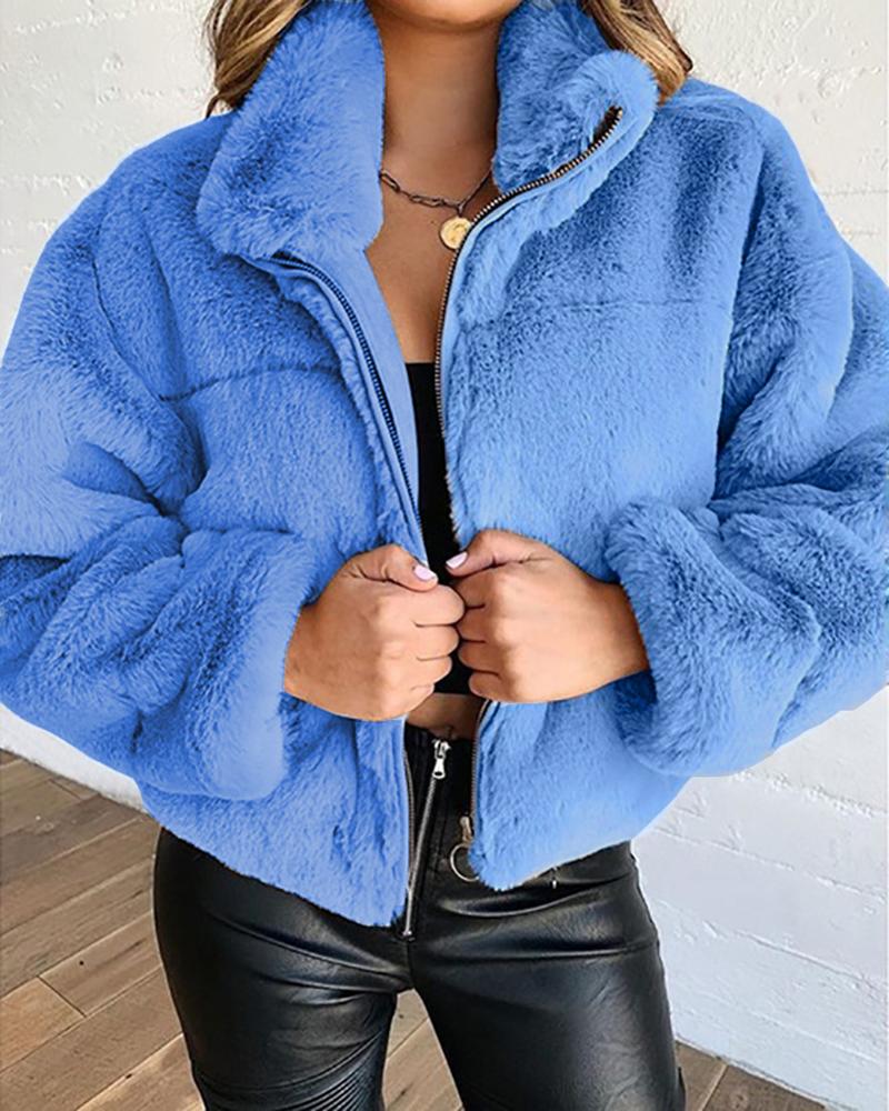

Zipper Design Long Sleeve Teddy Coat, Blue