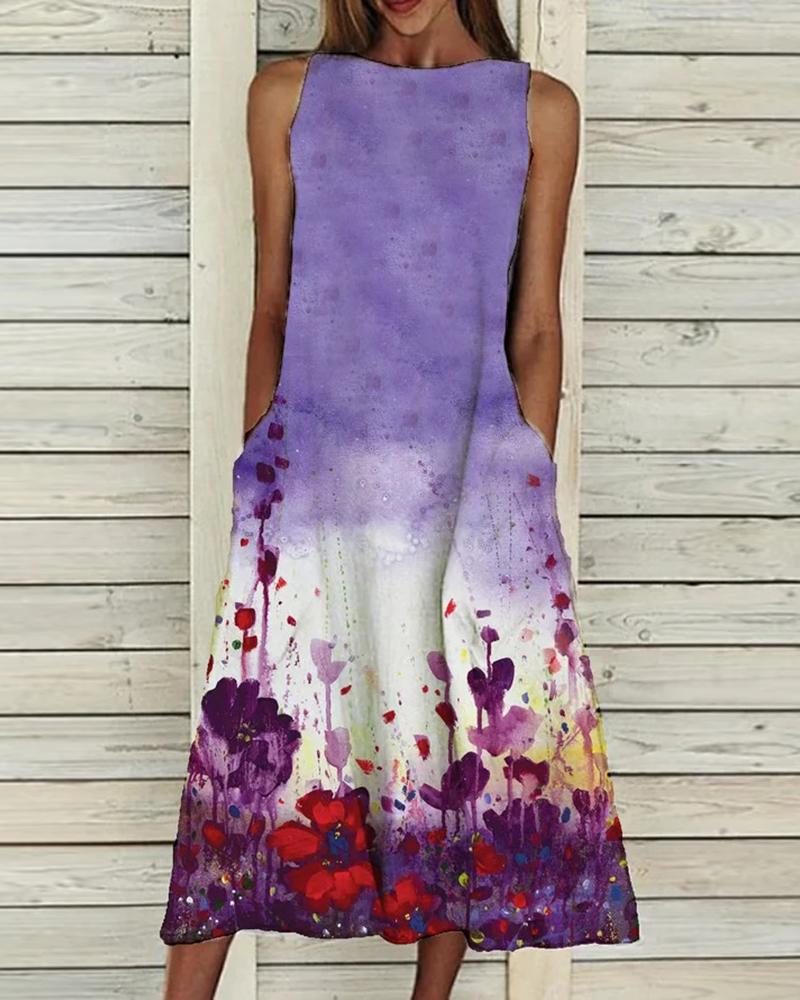 

Pocket Design Sleeveless Floral Print Colorblock Casual Dress, Purple