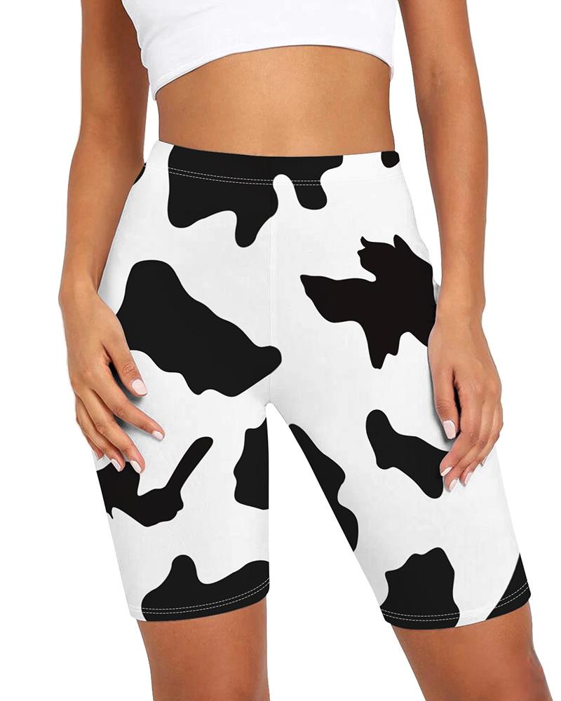 

Cow Print Colorblock Wide Waistband Biker Shorts, White