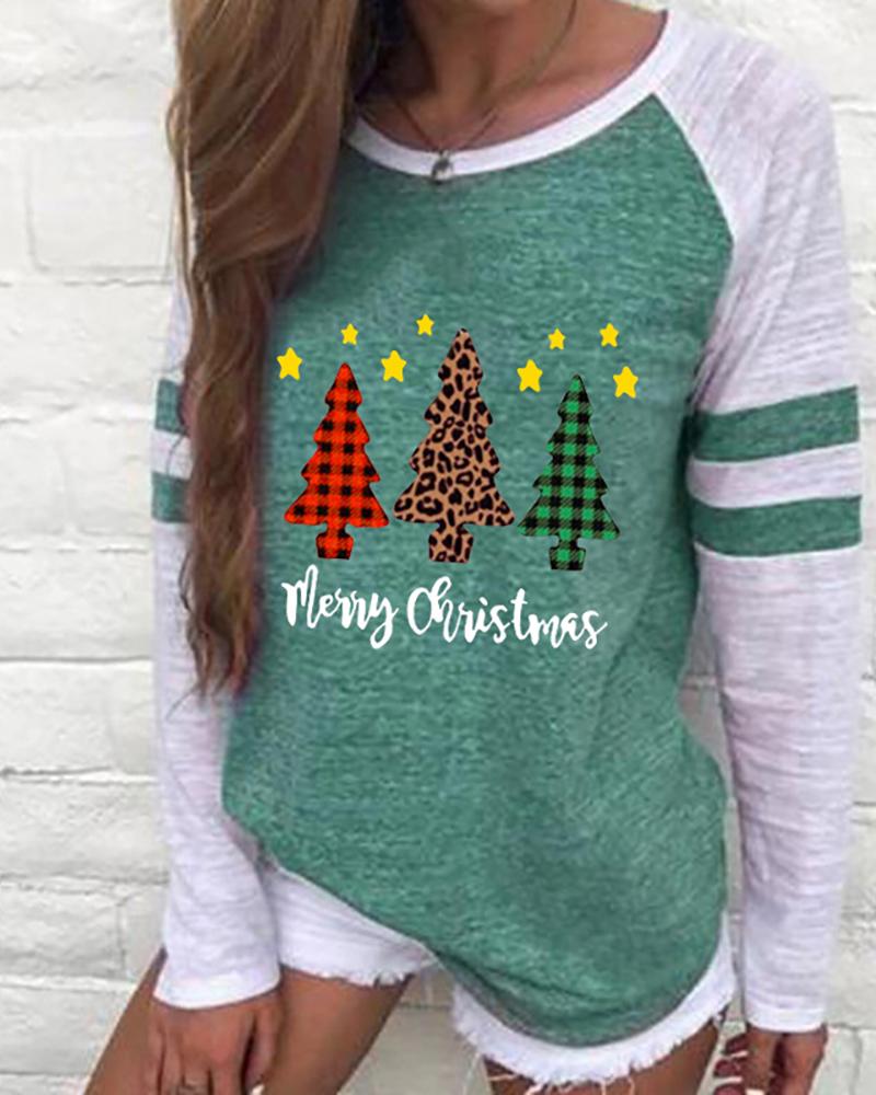 

Christmas Long Sleeve Casual Tree Print Sweatshirt, Green