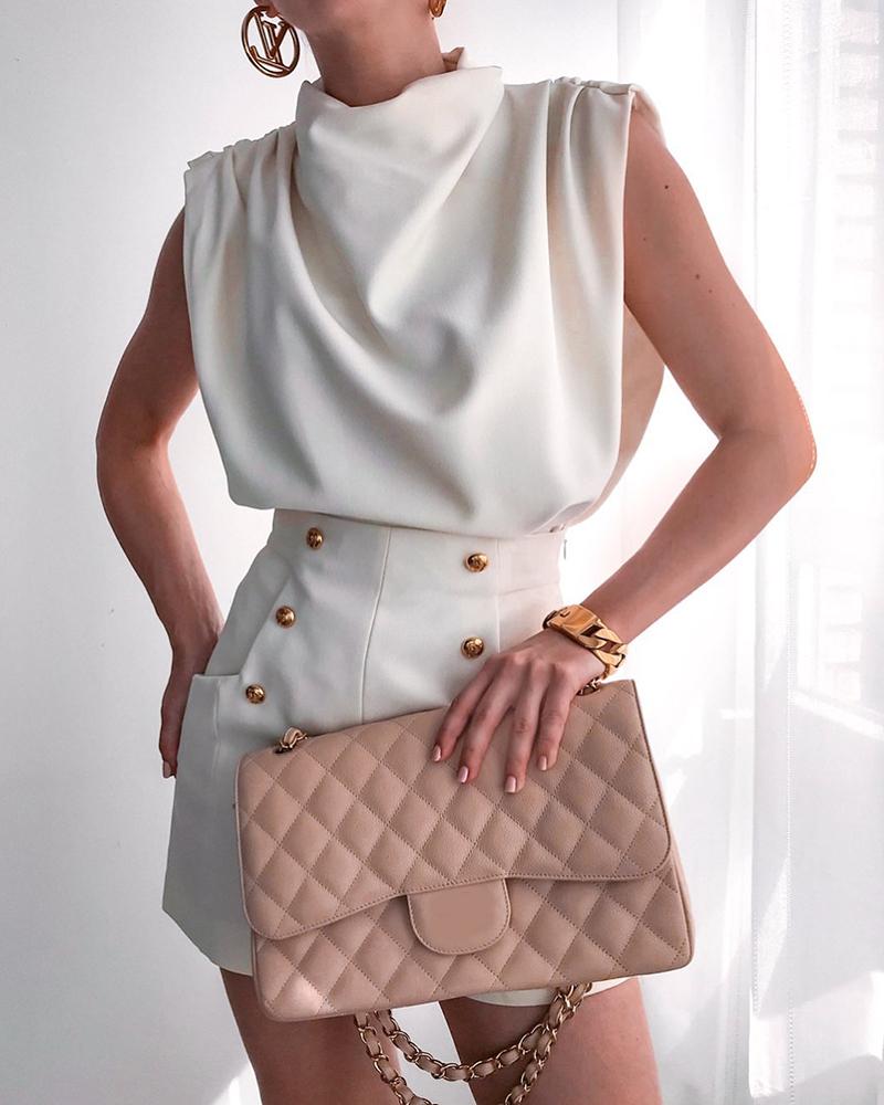 

Ruched Sleeveless Top & Double Breasted Pockets Skirt Sets, White