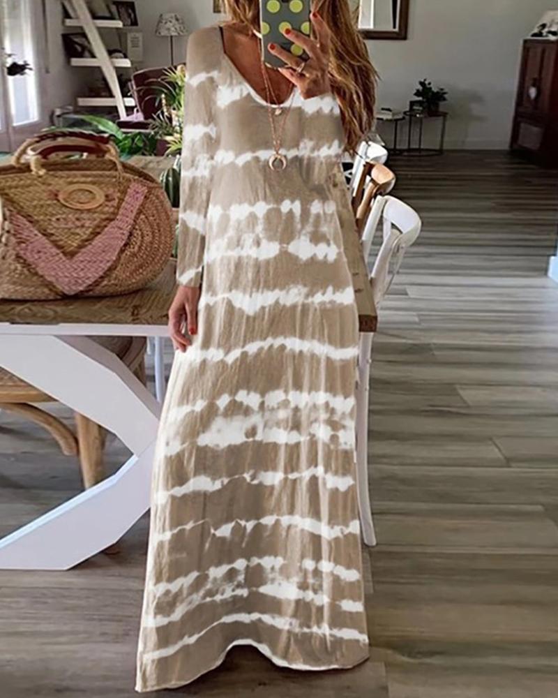 

Tie Dye Cold Shoulder Long Sleeve Loose Long Dress, Khaki