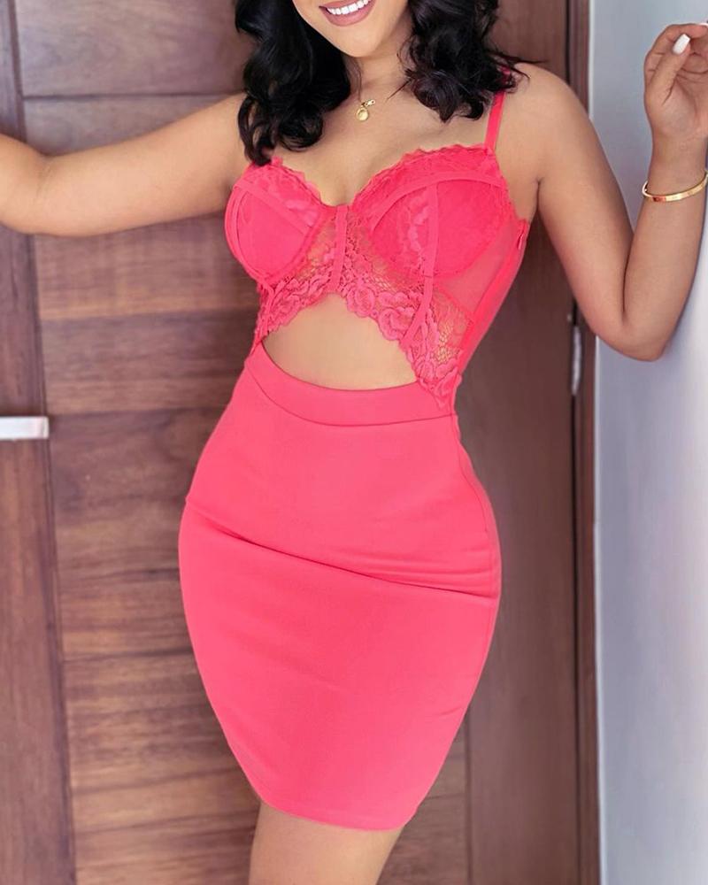 

Spaghetti Strap Cutout Lace Bodycon Dress, Hot pink