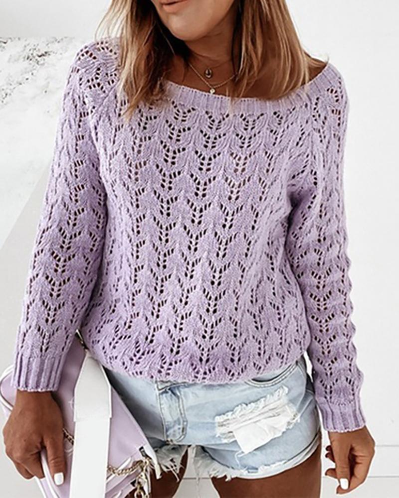 

Plain Hollow-out Long Sleeve Knit Sweater, Purple