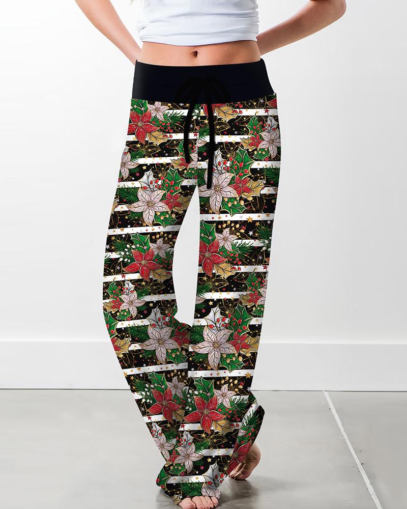 

Plaid / Floral / Christmas Print Drawstring Pants, Style8