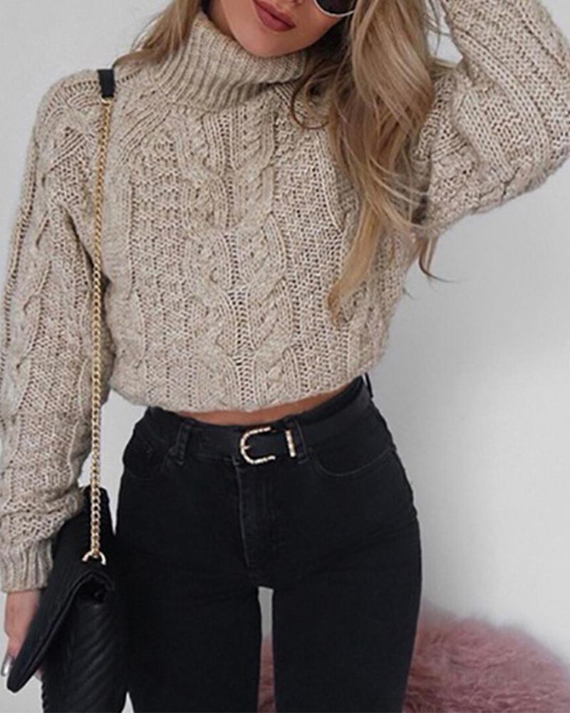 

Solid High Neck Cut-out Sweaters, Khaki