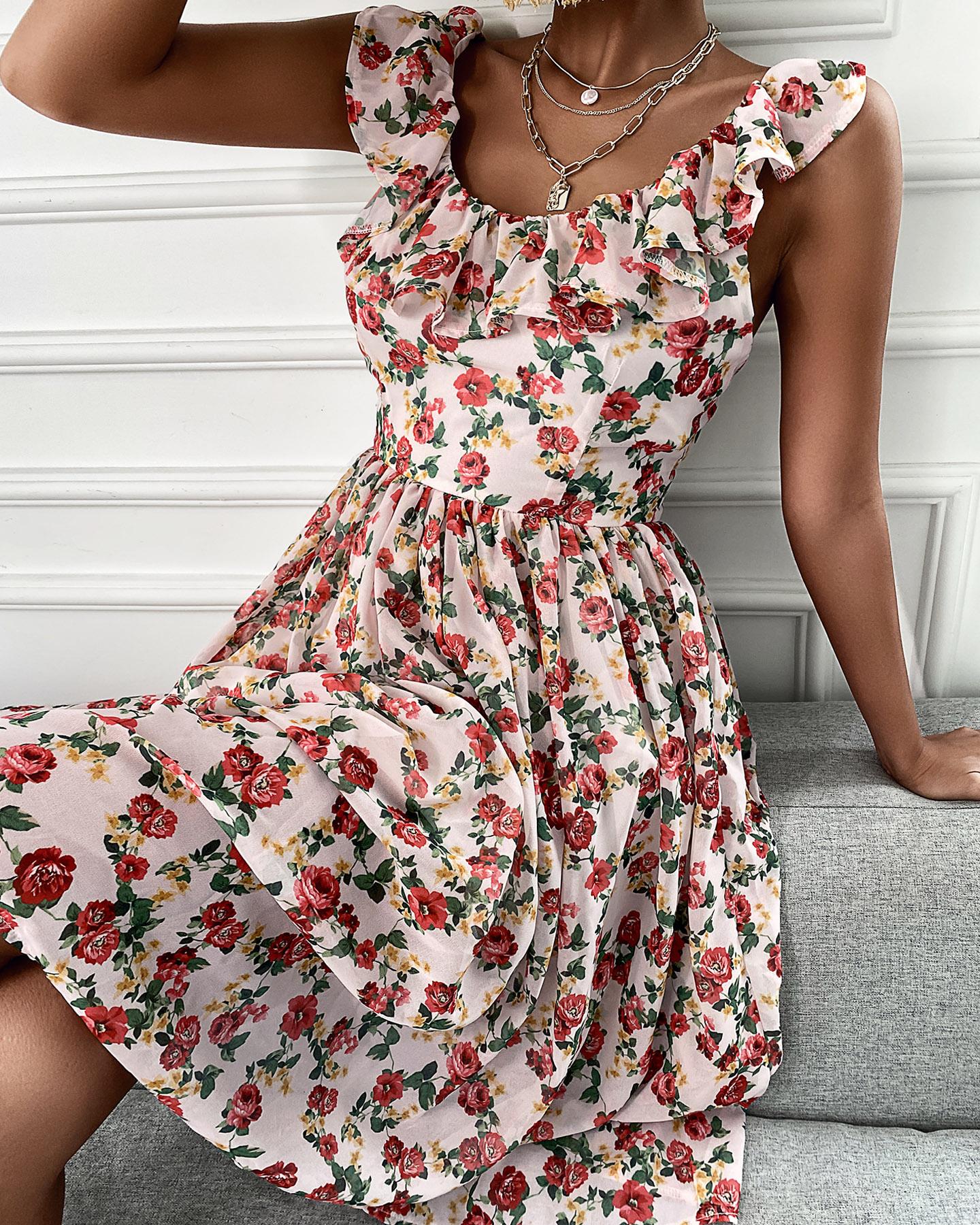 

Ruffles Hem Floral Print Midi Dress, White