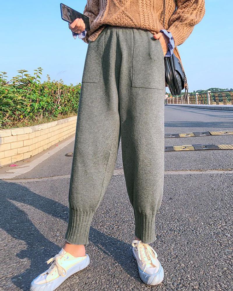 

Plain Pocket Design High Waist Knit Pants, Gray