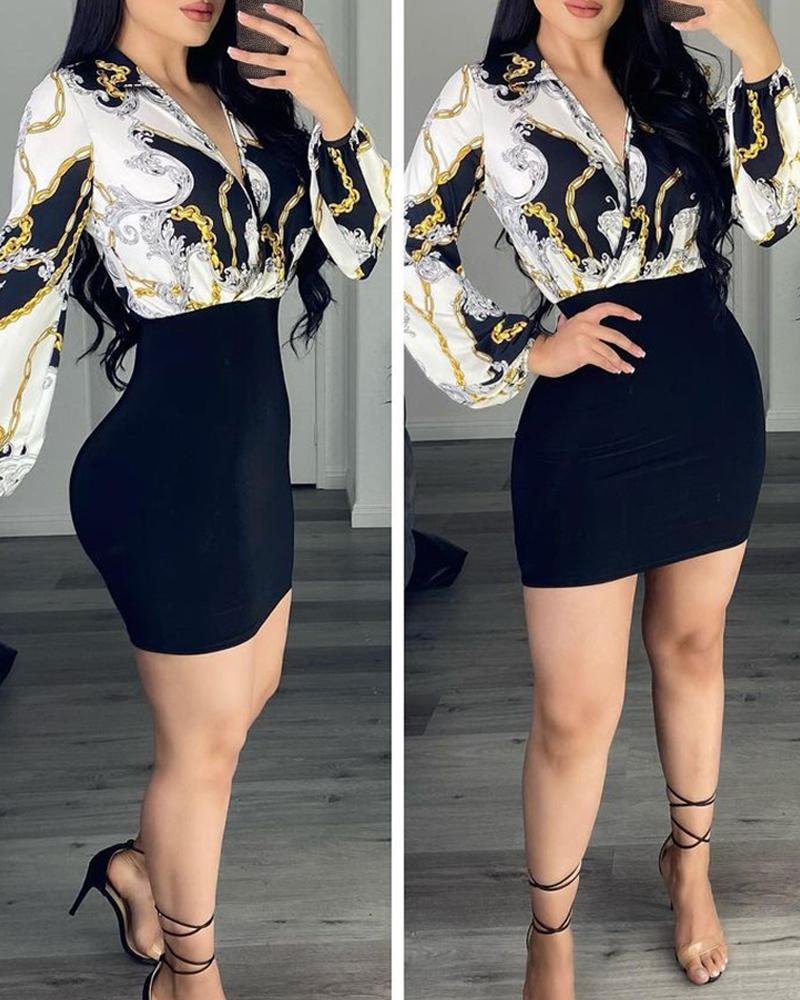 

Scarf Chain Print Lantern Sleeve Wrap Dress, White