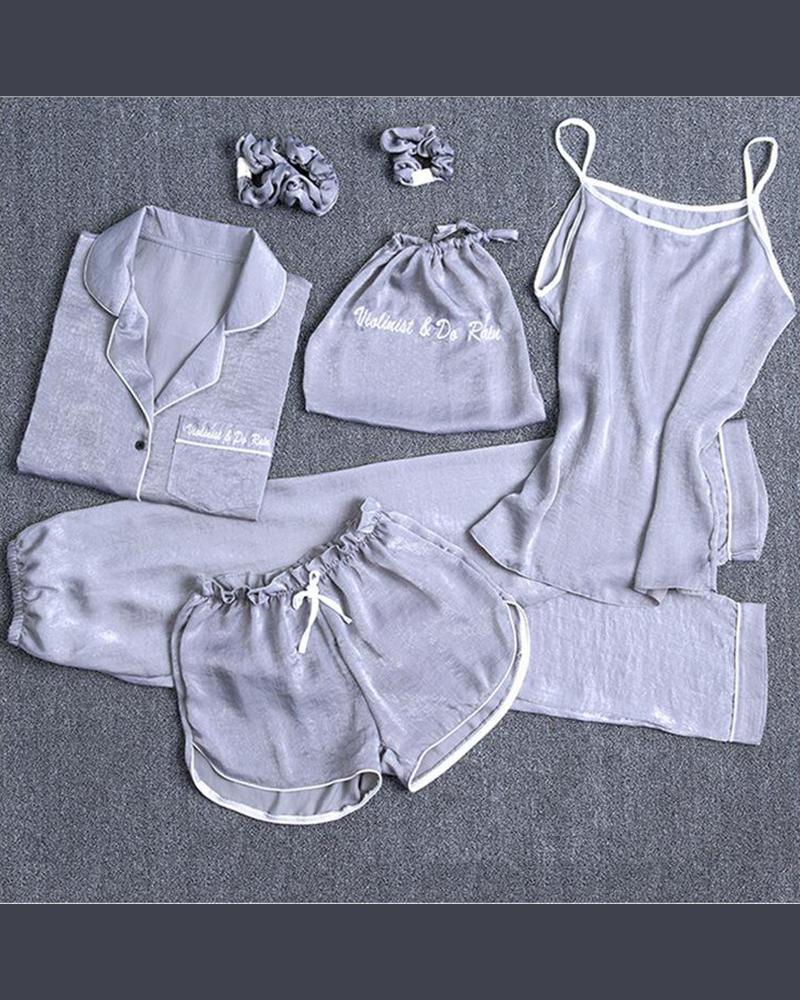 

Satin 7-Piece Pajama Set, Gray