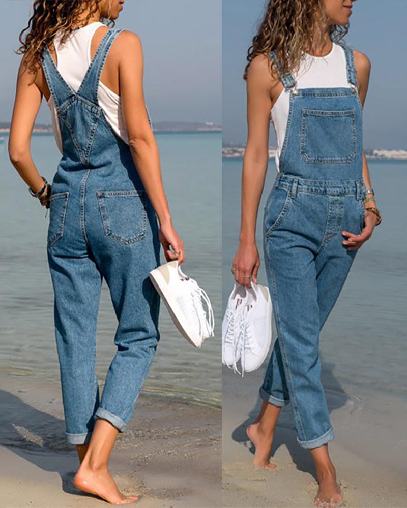 

Pocket Design Casual Denim Suspender Jumpsuit, Dark blue