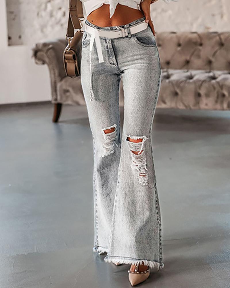 

Ladder Cutout Fringe Hem Bootcut Jeans, Gray