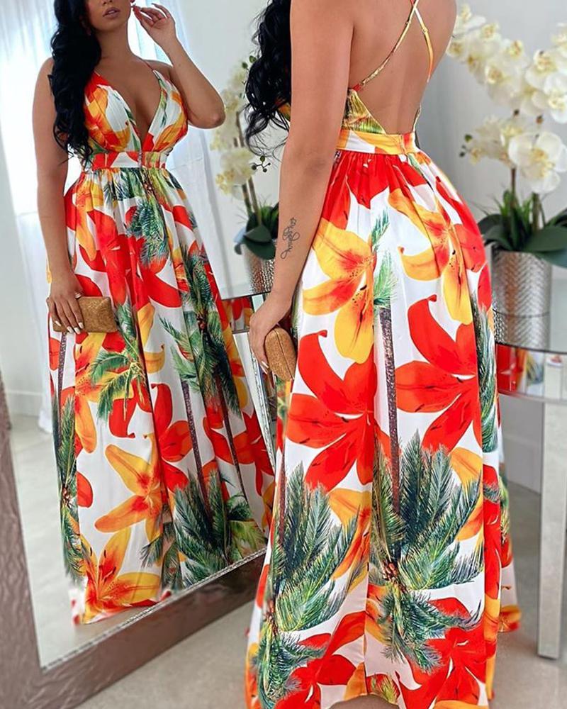 sexy new backless floral print maxi dress
