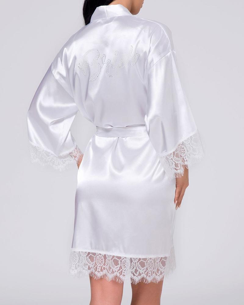 

Letter Print Half Sleeve Lace Trim Robe, White