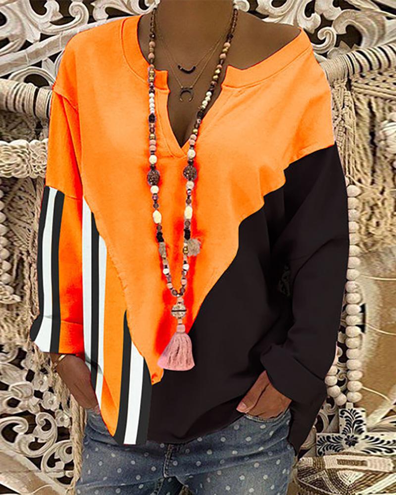

Striped Colorblock V-Cut Long Sleeve Top, Orange