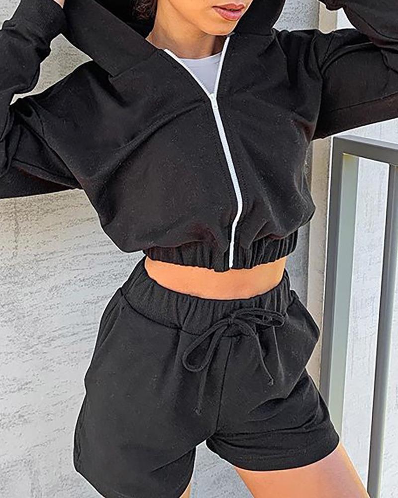 

Zipper Design Hooded Crop Top & Drawstring Shorts Set, Black