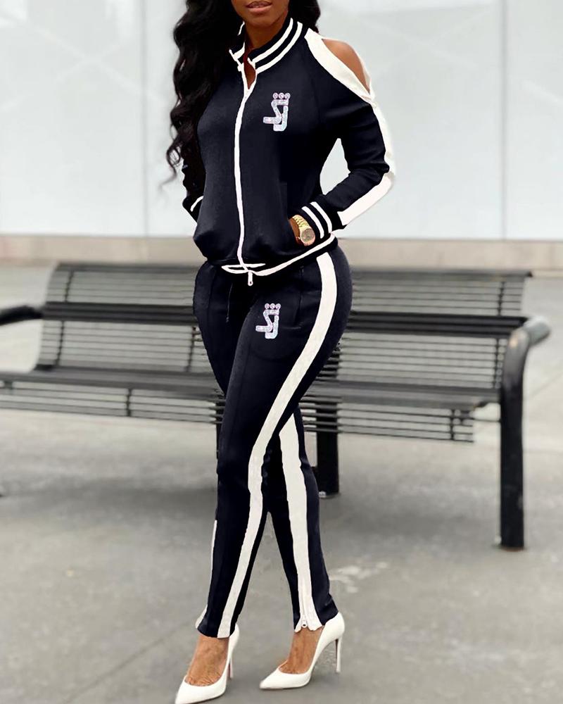 striped tape side sequin casual pants