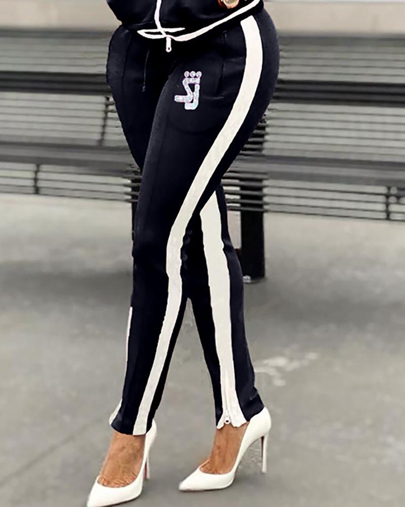 striped tape side sequin casual pants