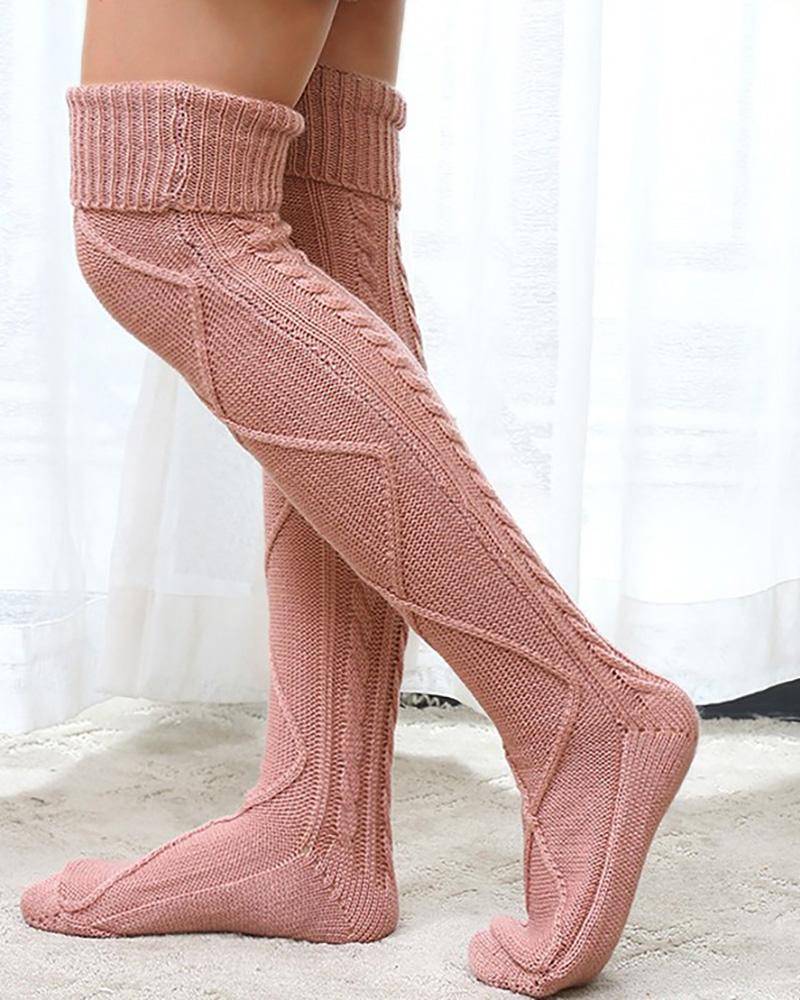 

Braided Knit Knee Length Socks, Pink