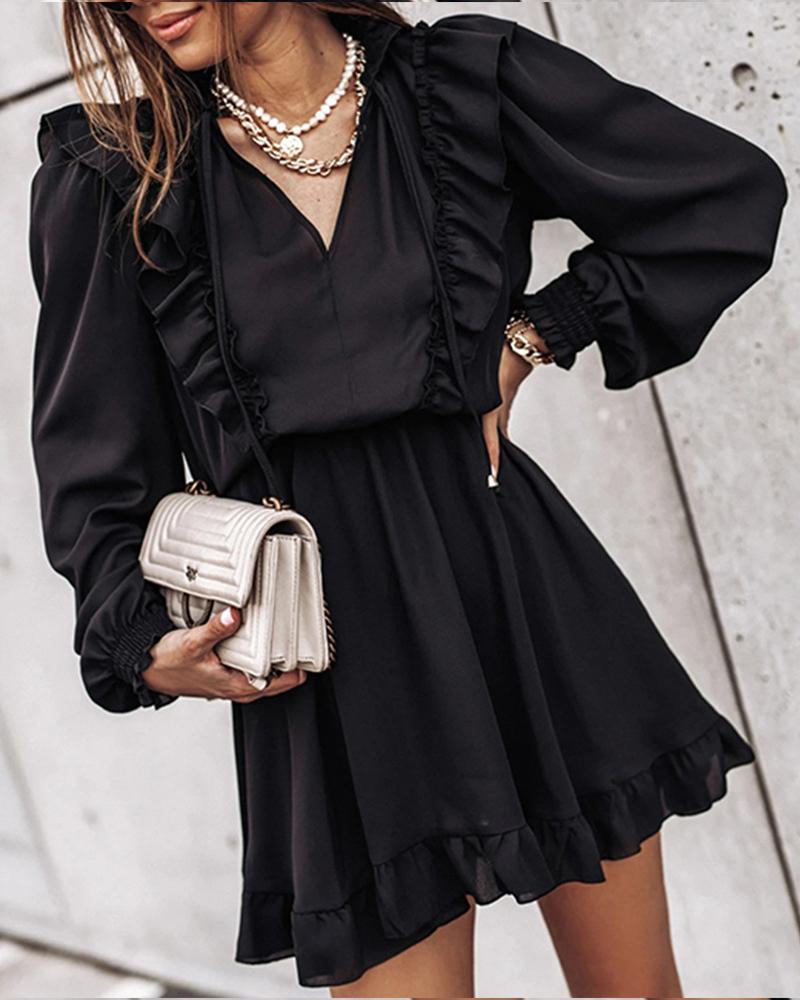 

Plain Ruffles Hem Long Sleeve Casual Dress, Black