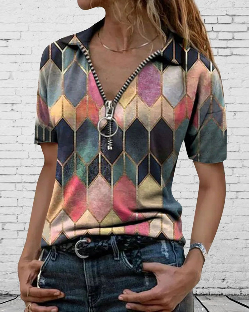 

Zipper Design Abstract Print Short Sleeve Top, Multicolor