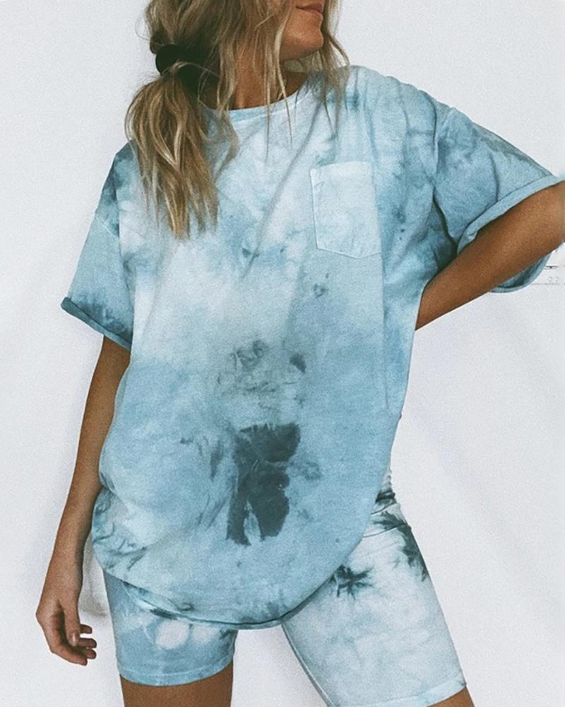 

Tie Dye Print Short Sleeve Pocket Pajamas Set, Blue