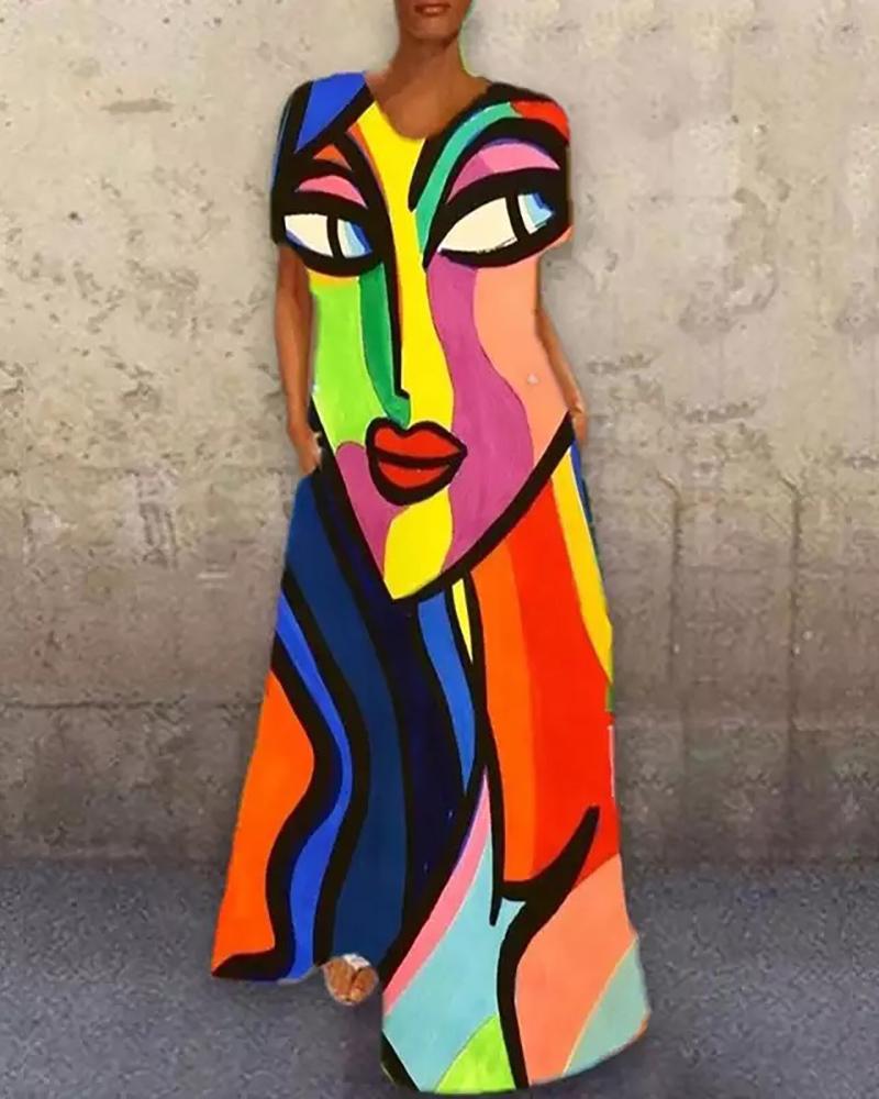 

V Neck Abstract Figure Print Maxi Dress, Multicolor