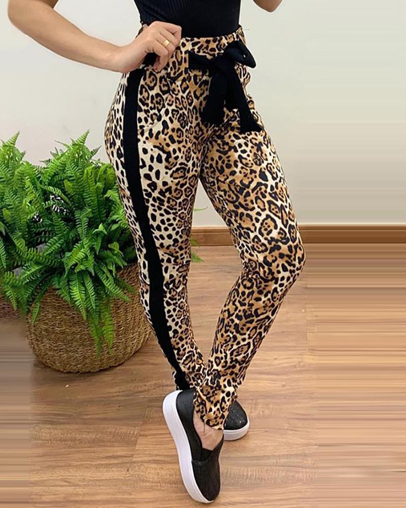 

Striped Cheetah Print Eyelet Drawstring Casual Pants, Leopard