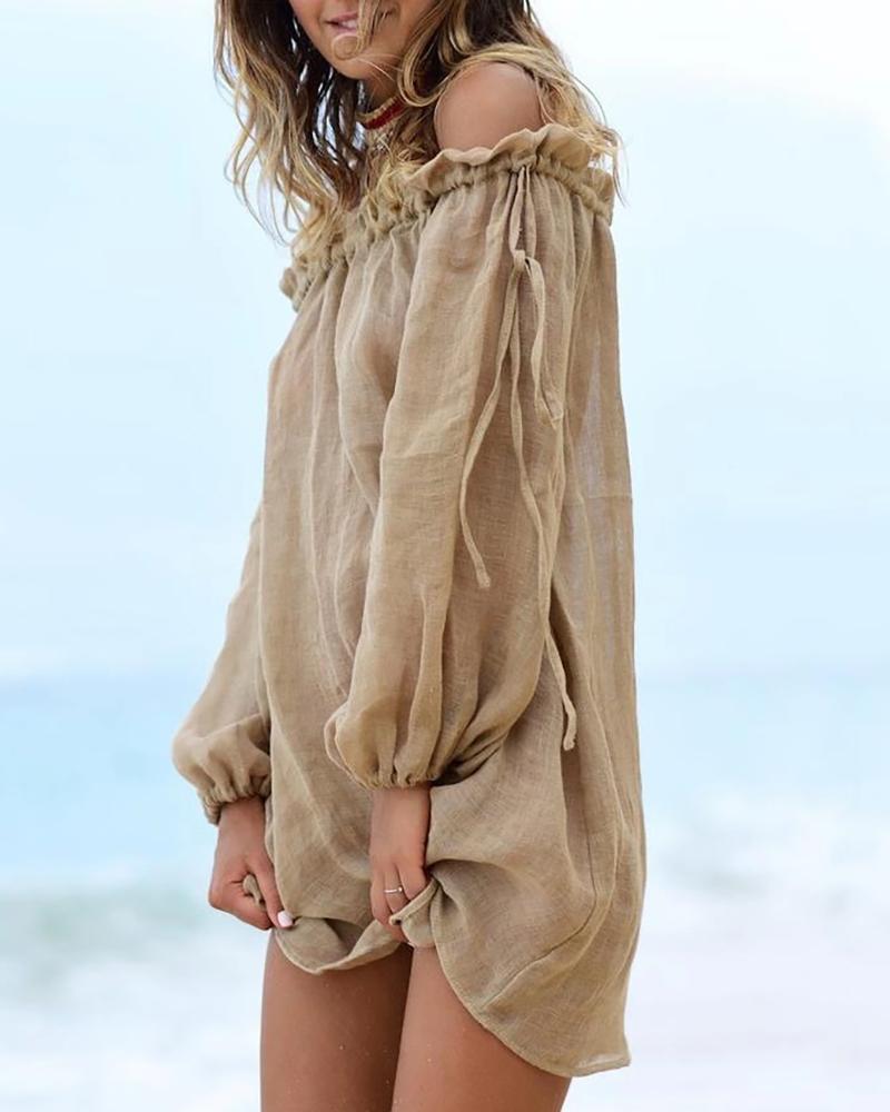 

Frill Hem Lantern Sleeve Slit Cover Up Dress, Beige