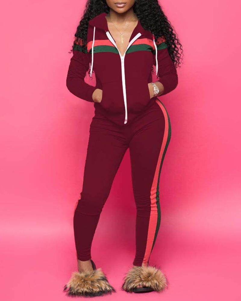 

Striped Colorblock Zip Front Hooded Top & Pants Set, Wine red