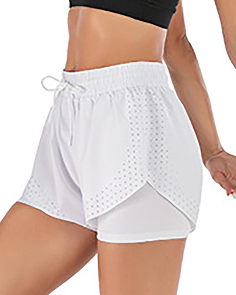 

Drawstring Layered Hollow Out Fitness Sporty Shorts, White