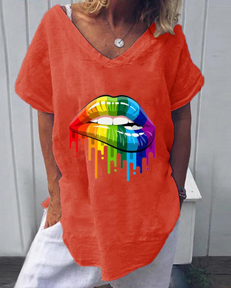 

Rainbow Lip Print T-Shirt, Red