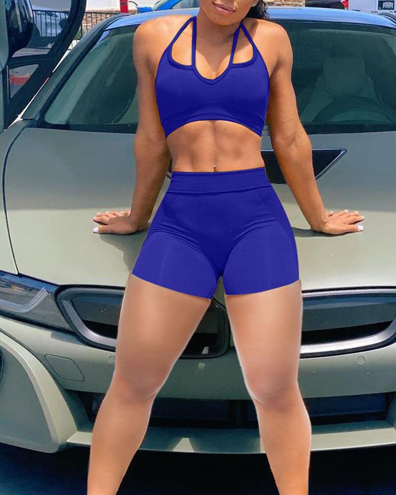 

Solid Strap Halter Tanks With Shorts Sporty Suit Sets, Blue