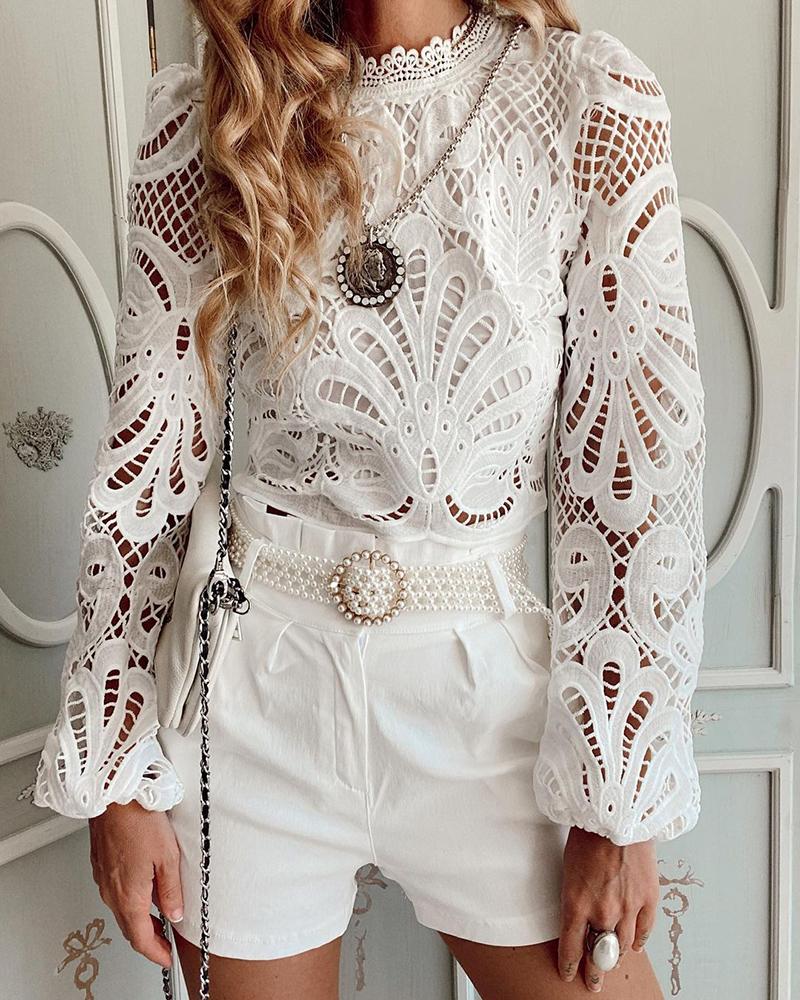 

Guipure Lace Lantern Sleeve Top, White